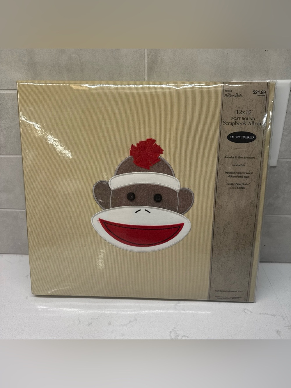 Brand new the paper studio 12 x 12 scrapbook album embroidered sock monke